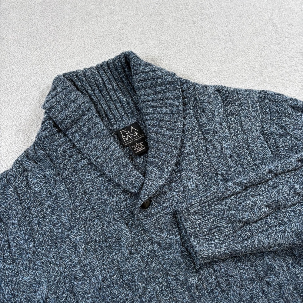 JoS. A. Bank Sweater Mens Large Gray Lambs Wool Cable Knit Shawl Collar